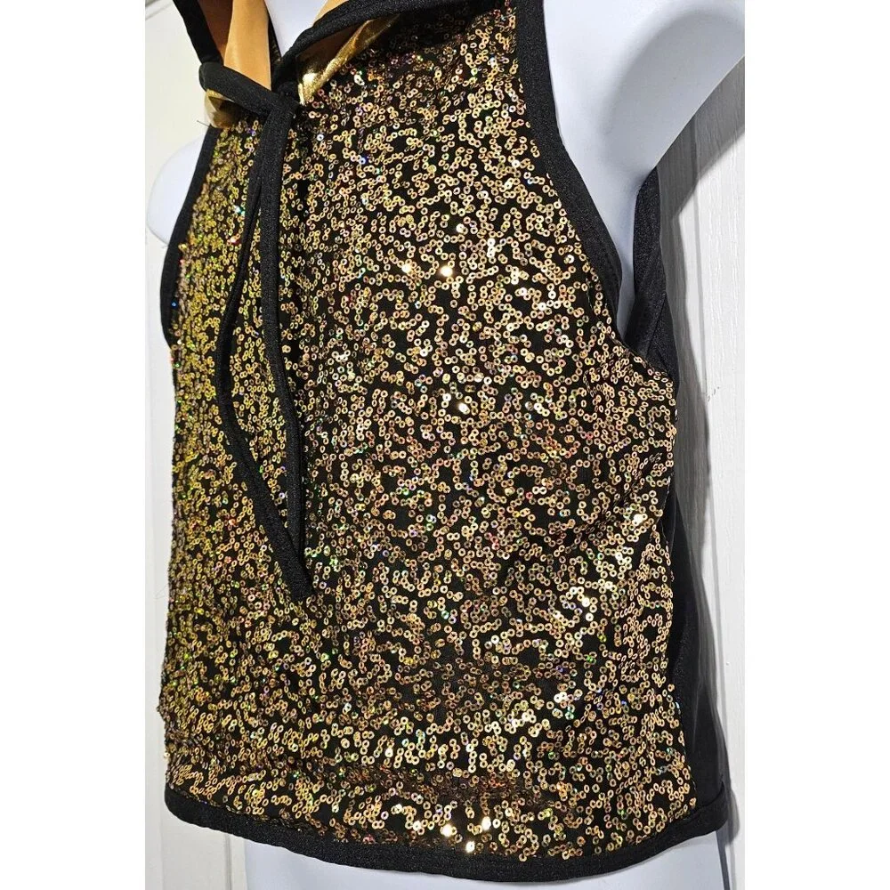 A Wish Come True Gold Sequin Sleeveless Dance Hoodie Jazz Hip Hop Performance LG